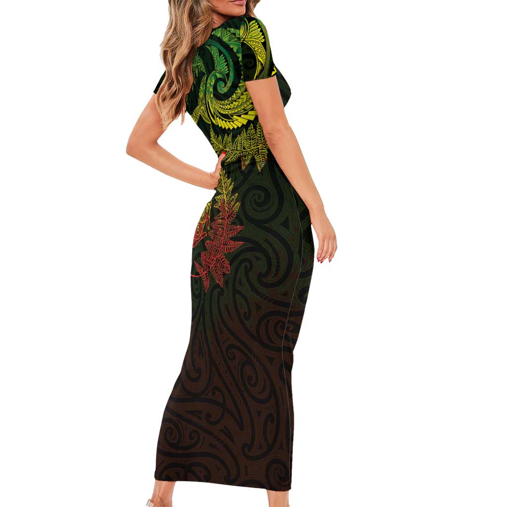 New Zealand Sea Animals with Maori Tribal Tattoo Short Sleeve Bodycon Dress Shark Manta Ray with Silver Fern Reggae LT03 - Polynesian Pride