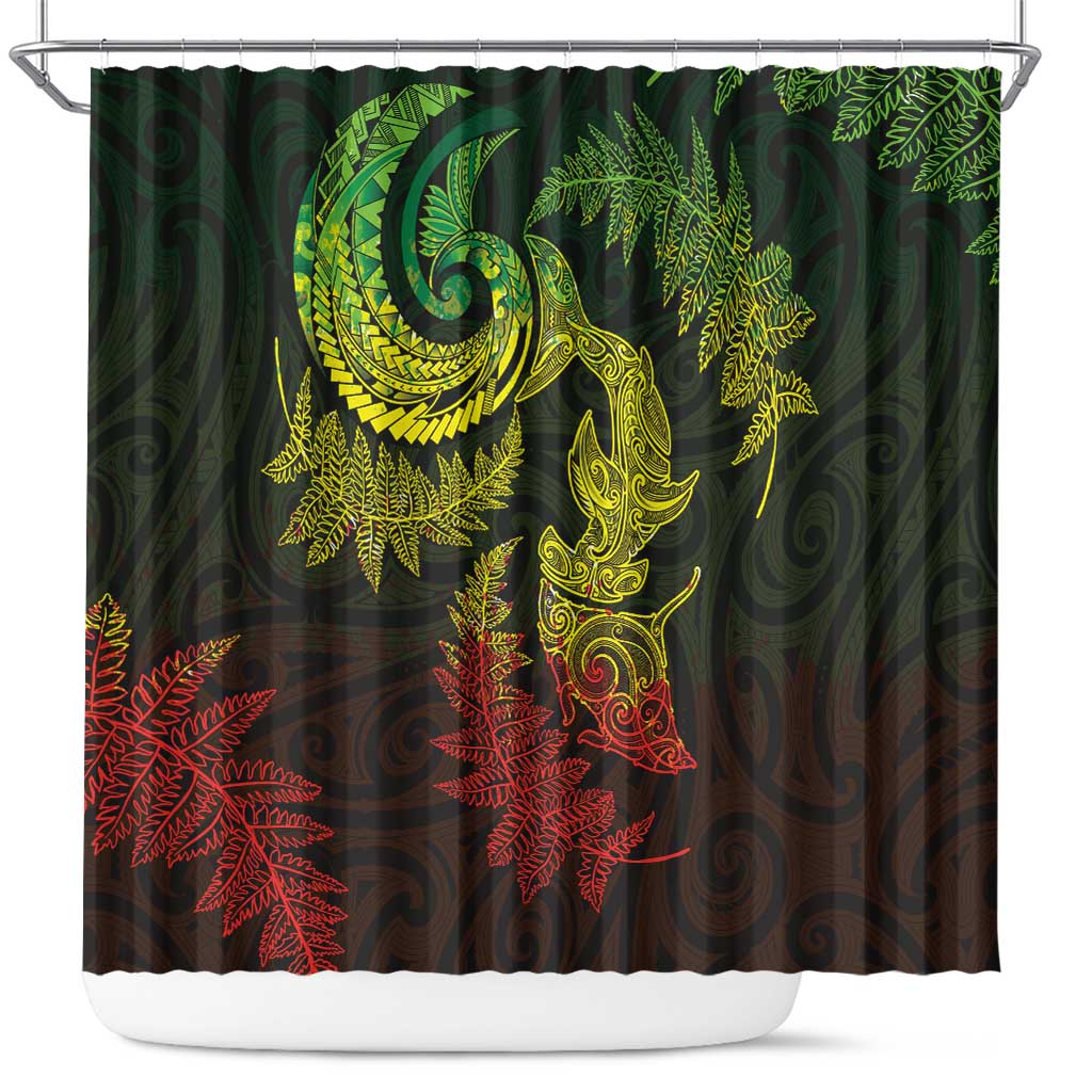 New Zealand Sea Animals with Maori Tribal Tattoo Shower Curtain Shark Manta Ray with Silver Fern Reggae