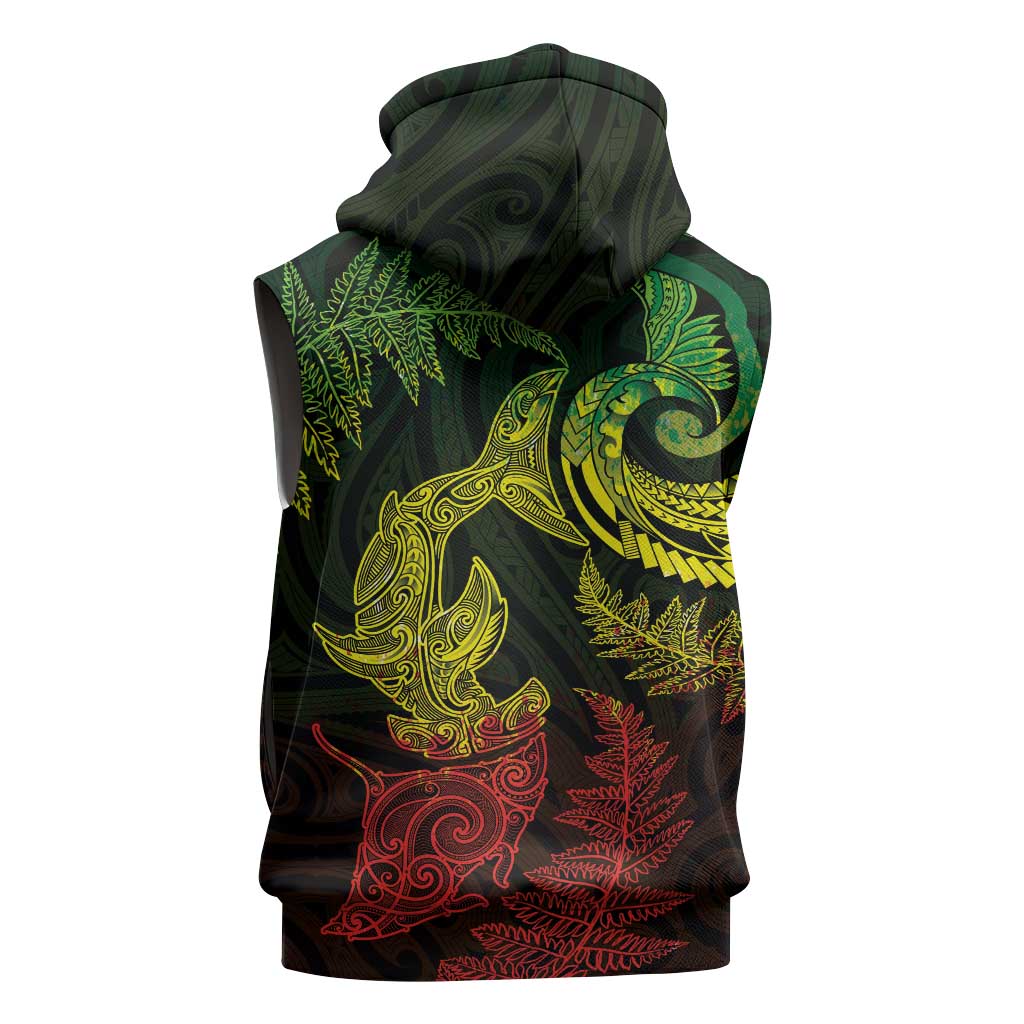 New Zealand Sea Animals with Maori Tribal Tattoo Sleeveless Hoodie Shark Manta Ray with Silver Fern Reggae LT03 - Polynesian Pride