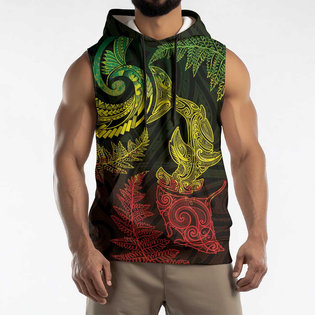 New Zealand Sea Animals with Maori Tribal Tattoo Sleeveless Hoodie Shark Manta Ray with Silver Fern Reggae LT03 - Polynesian Pride