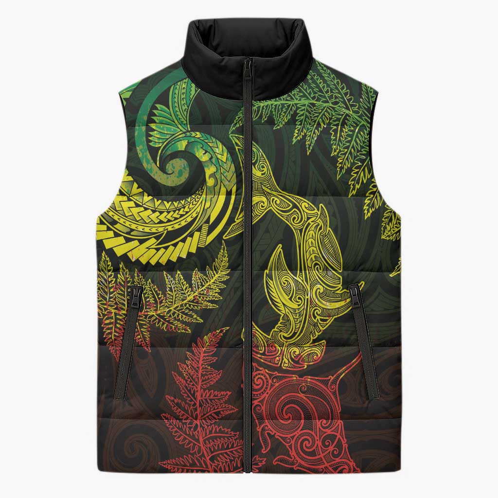 New Zealand Sea Animals with Maori Tribal Tattoo Sleeveless Puffer Jacket Shark Manta Ray with Silver Fern Reggae