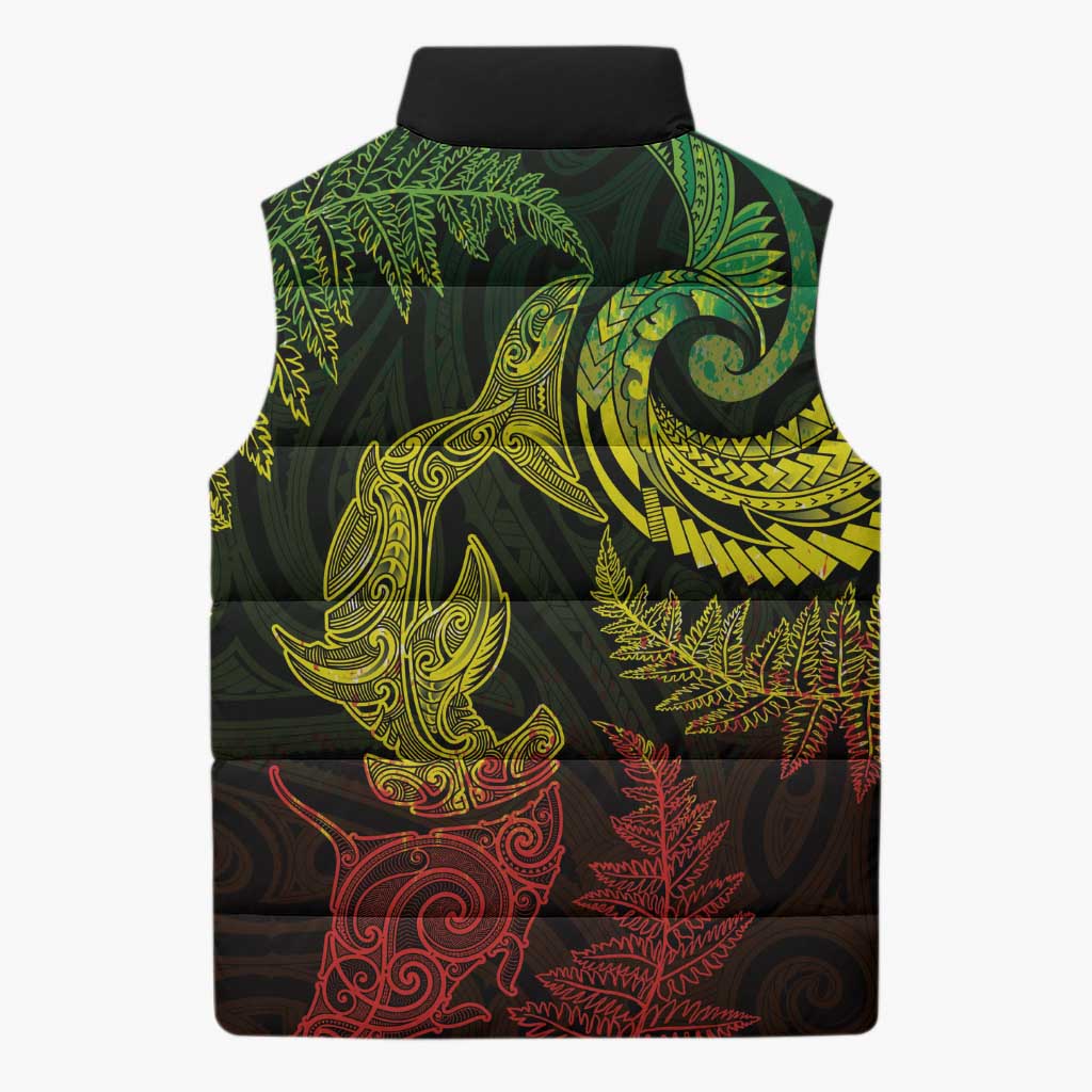 New Zealand Sea Animals with Maori Tribal Tattoo Sleeveless Puffer Jacket Shark Manta Ray with Silver Fern Reggae LT03 - Polynesian Pride