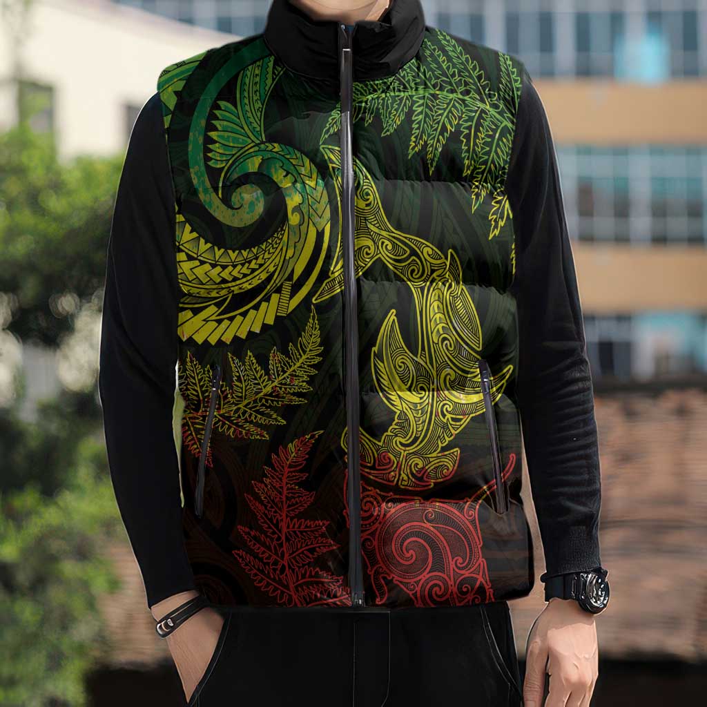 New Zealand Sea Animals with Maori Tribal Tattoo Sleeveless Puffer Jacket Shark Manta Ray with Silver Fern Reggae LT03 - Polynesian Pride