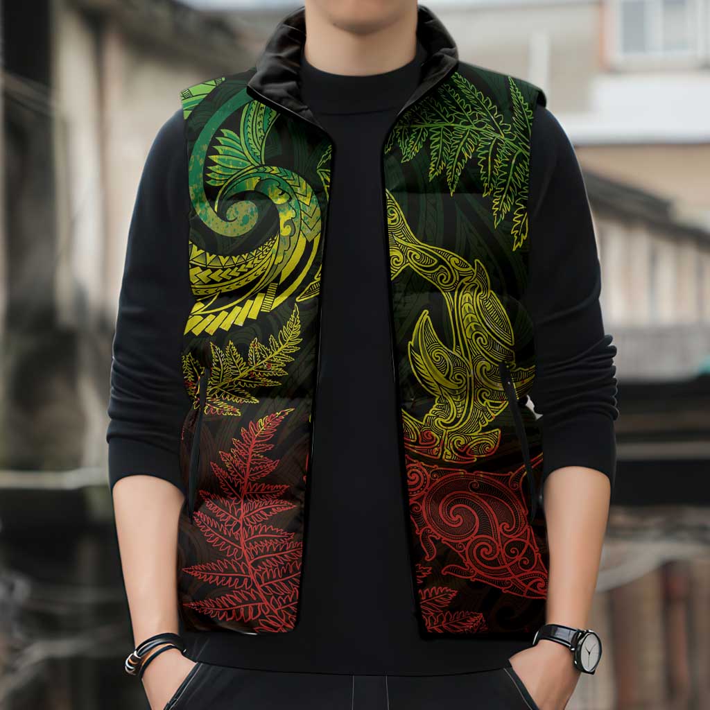 New Zealand Sea Animals with Maori Tribal Tattoo Sleeveless Puffer Jacket Shark Manta Ray with Silver Fern Reggae LT03 - Polynesian Pride