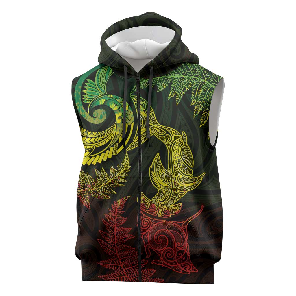 New Zealand Sea Animals with Maori Tribal Tattoo Sleeveless Zip Hoodie Shark Manta Ray with Silver Fern Reggae