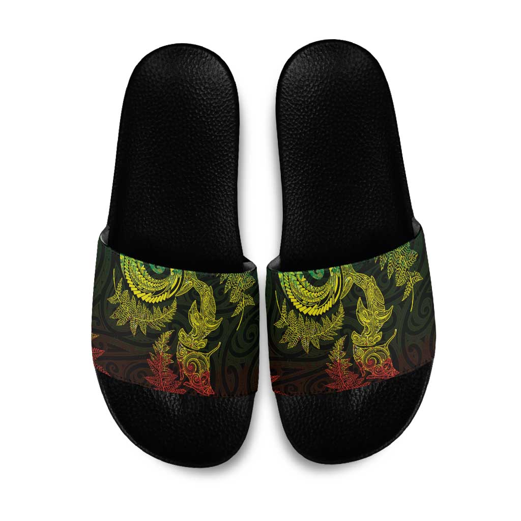 New Zealand Sea Animals with Maori Tribal Tattoo Slide Sandals Shark Manta Ray with Silver Fern Reggae LT03 Reggae - Polynesian Pride