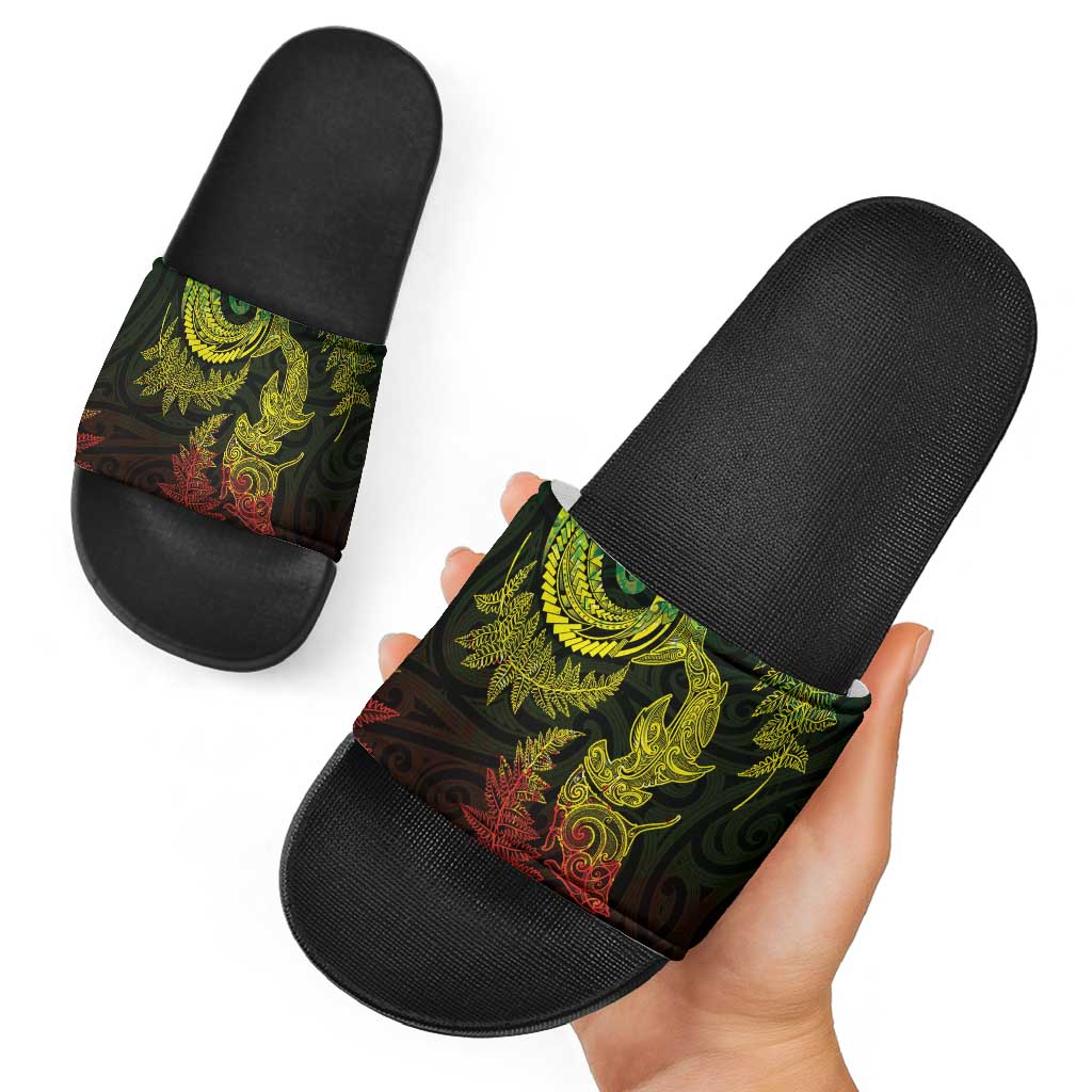 New Zealand Sea Animals with Maori Tribal Tattoo Slide Sandals Shark Manta Ray with Silver Fern Reggae LT03 - Polynesian Pride