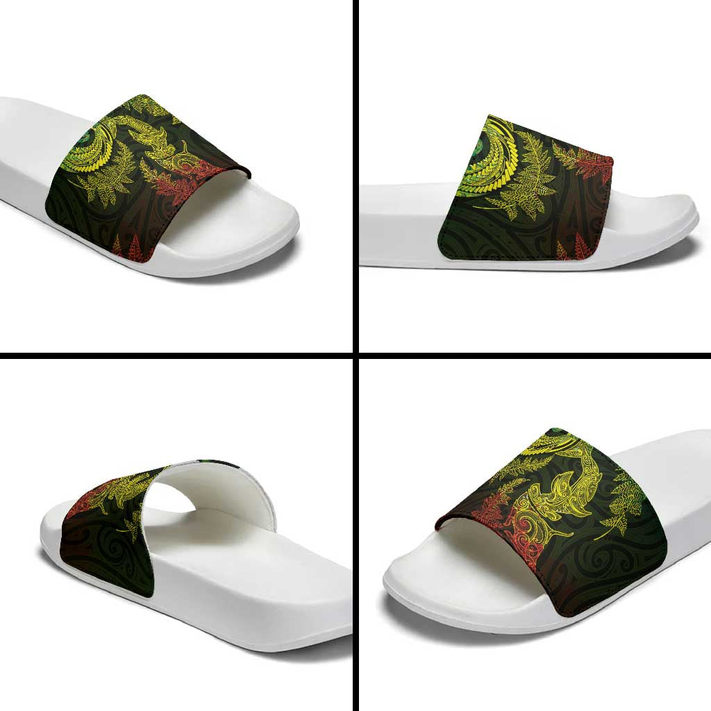 New Zealand Sea Animals with Maori Tribal Tattoo Slide Sandals Shark Manta Ray with Silver Fern Reggae LT03 - Polynesian Pride
