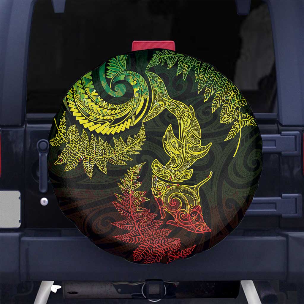 New Zealand Sea Animals with Maori Tribal Tattoo Spare Tire Cover Shark Manta Ray with Silver Fern Reggae