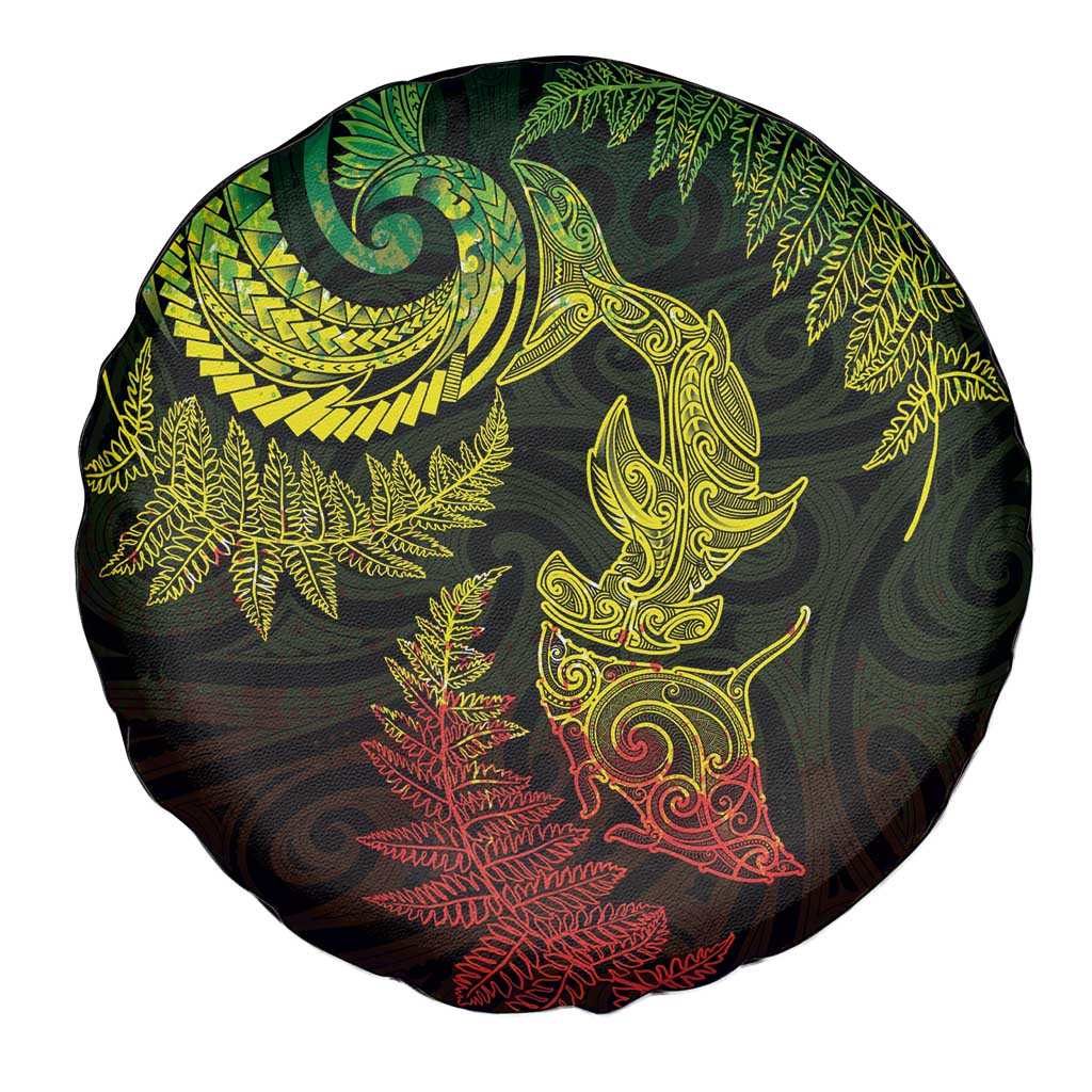 New Zealand Sea Animals with Maori Tribal Tattoo Spare Tire Cover Shark Manta Ray with Silver Fern Reggae LT03 - Polynesian Pride