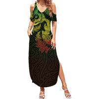 New Zealand Sea Animals with Maori Tribal Tattoo Summer Maxi Dress Shark Manta Ray with Silver Fern Reggae LT03 Women Reggae - Polynesian Pride
