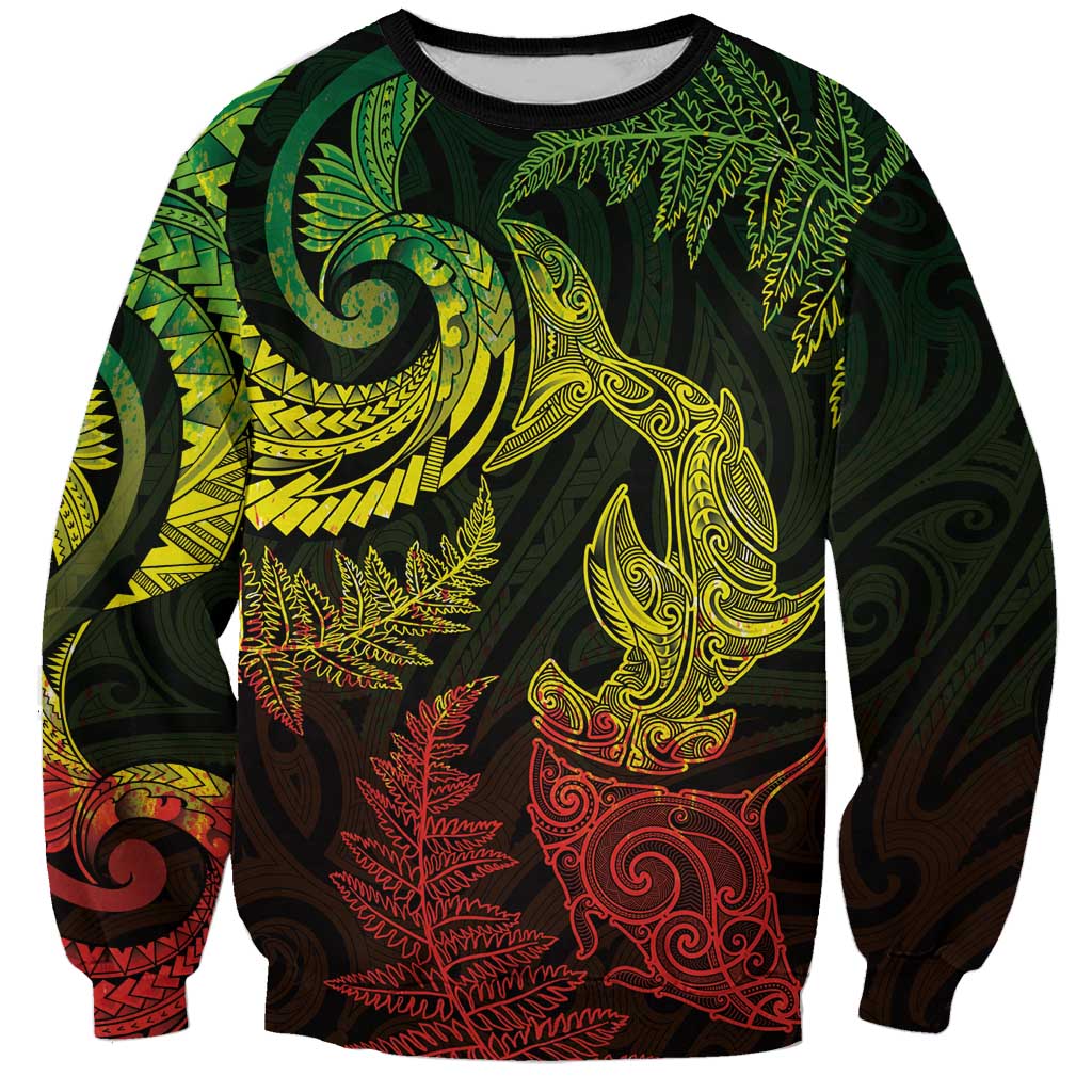 New Zealand Sea Animals with Maori Tribal Tattoo Sweatshirt Shark Manta Ray with Silver Fern Reggae LT03 Unisex Reggae - Polynesian Pride