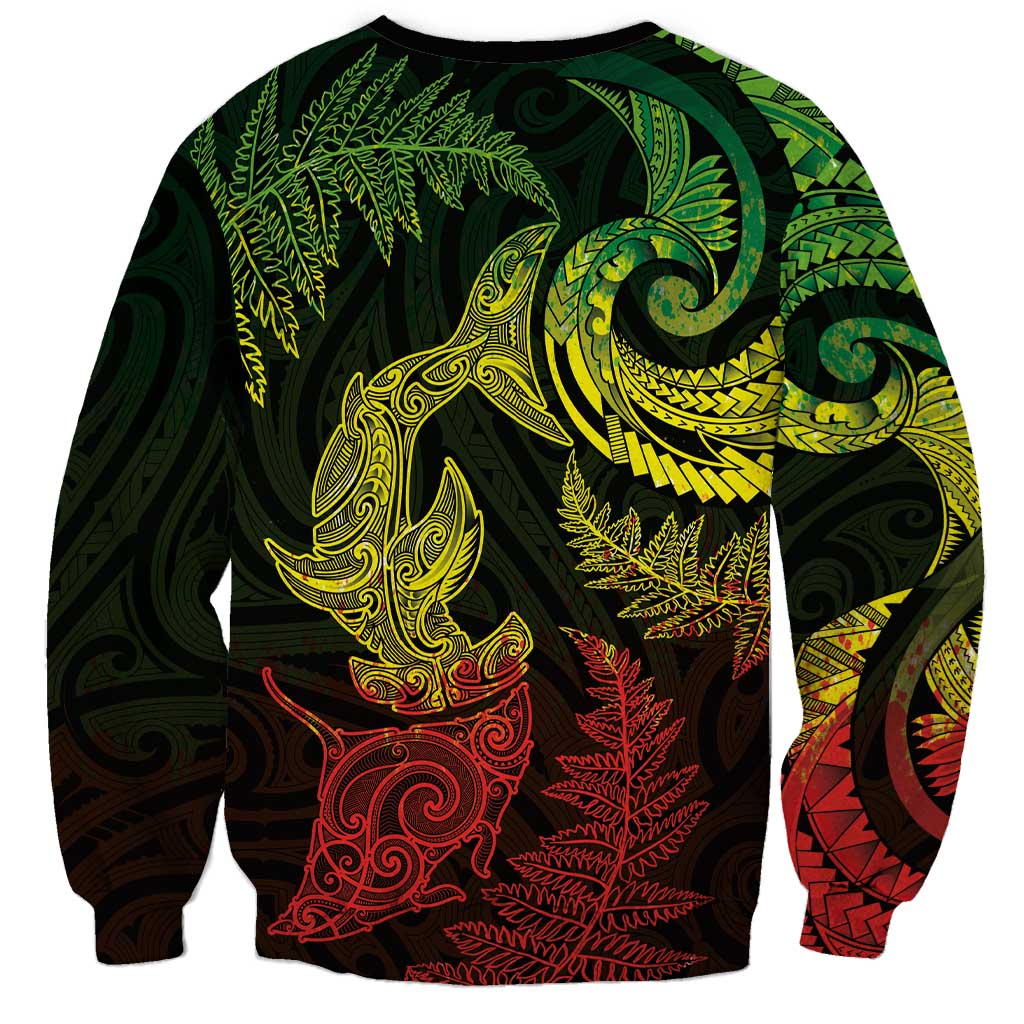 New Zealand Sea Animals with Maori Tribal Tattoo Sweatshirt Shark Manta Ray with Silver Fern Reggae LT03 - Polynesian Pride