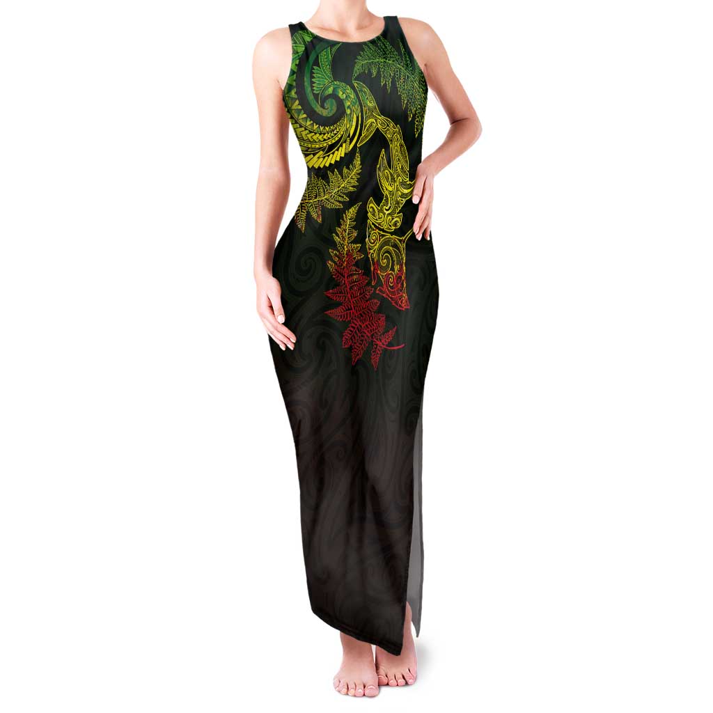 New Zealand Sea Animals with Maori Tribal Tattoo Tank Maxi Dress Shark Manta Ray with Silver Fern Reggae LT03 Women Reggae - Polynesian Pride