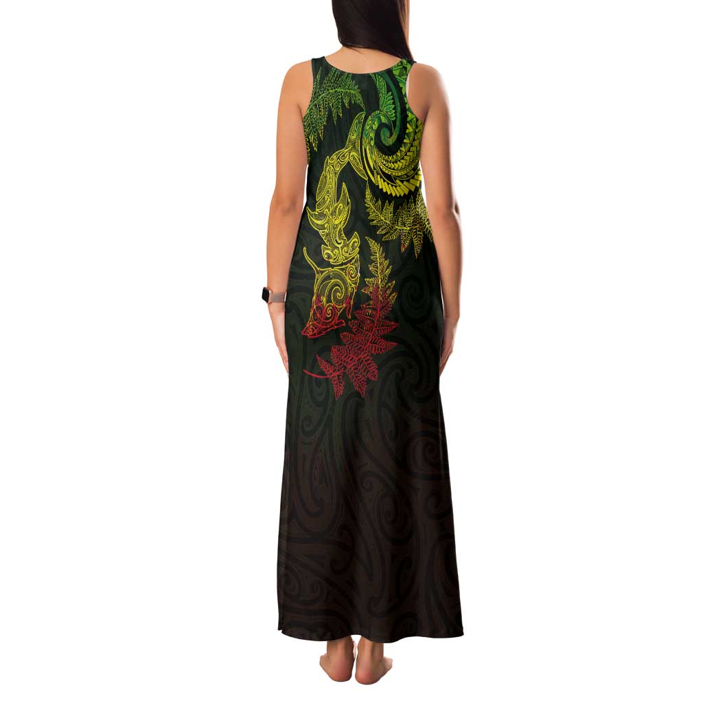 New Zealand Sea Animals with Maori Tribal Tattoo Tank Maxi Dress Shark Manta Ray with Silver Fern Reggae LT03 - Polynesian Pride