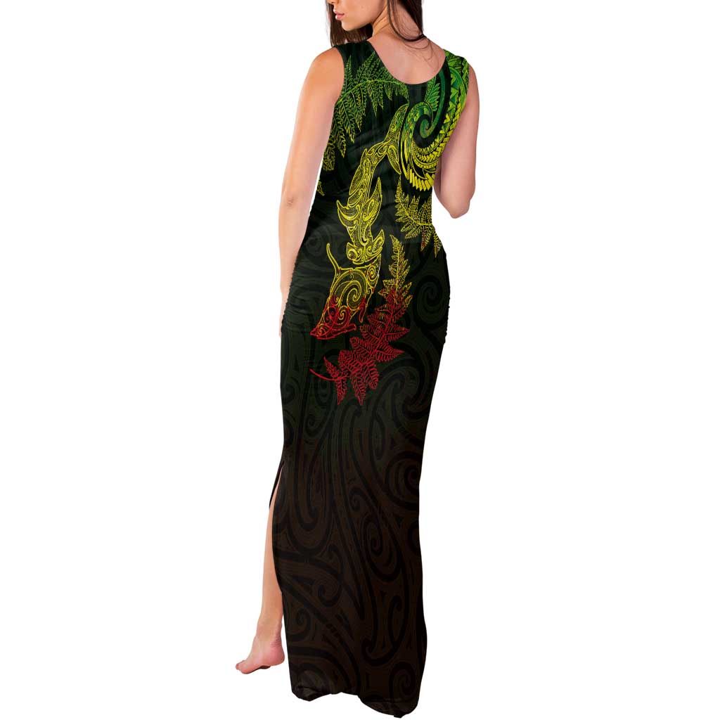 New Zealand Sea Animals with Maori Tribal Tattoo Tank Maxi Dress Shark Manta Ray with Silver Fern Reggae LT03 - Polynesian Pride