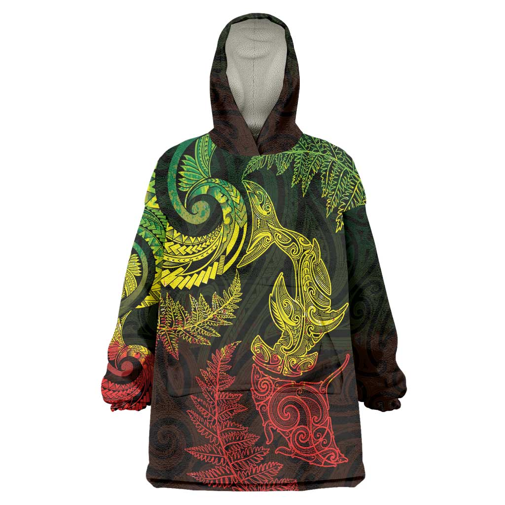 New Zealand Sea Animals with Maori Tribal Tattoo Wearable Blanket Hoodie Shark Manta Ray with Silver Fern Reggae LT03 One Size Reggae - Polynesian Pride