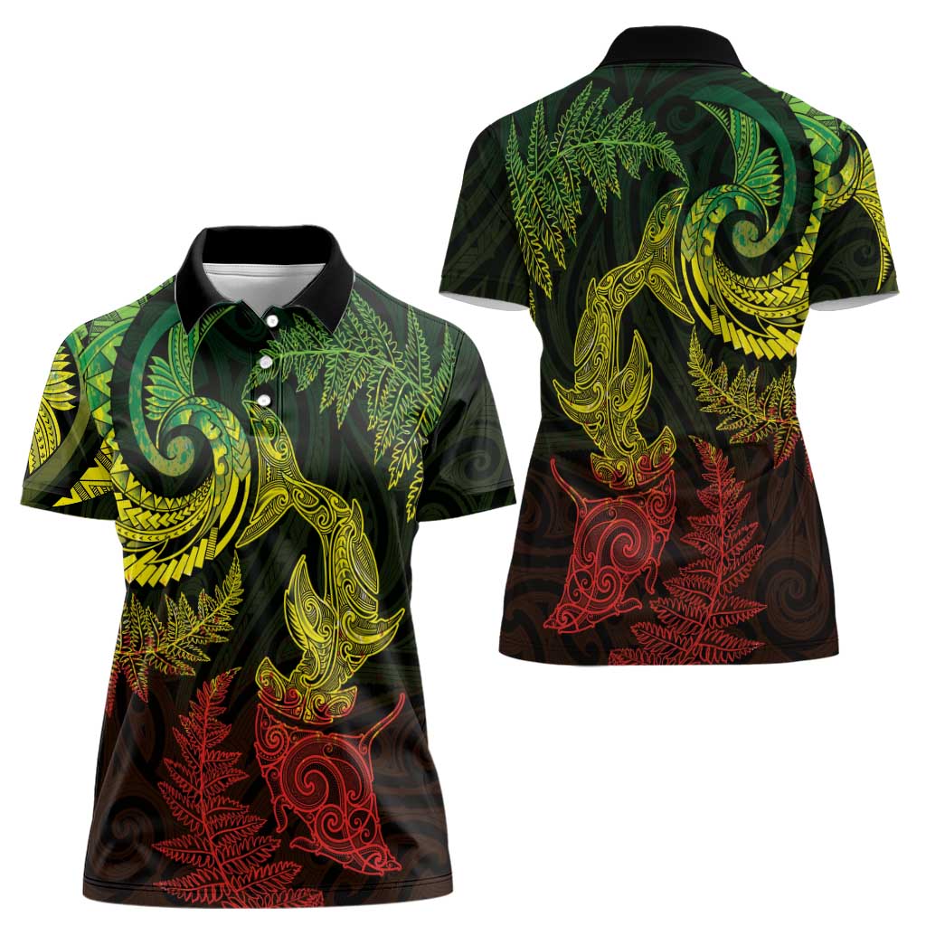 New Zealand Sea Animals with Maori Tribal Tattoo Women Polo Shirt Shark Manta Ray with Silver Fern Reggae LT03 - Polynesian Pride