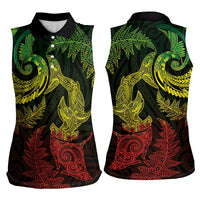 New Zealand Sea Animals with Maori Tribal Tattoo Women Sleeveless Polo Shirt Shark Manta Ray with Silver Fern Reggae LT03 - Polynesian Pride