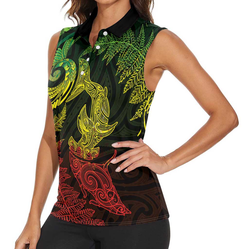 New Zealand Sea Animals with Maori Tribal Tattoo Women Sleeveless Polo Shirt Shark Manta Ray with Silver Fern Reggae LT03 - Polynesian Pride