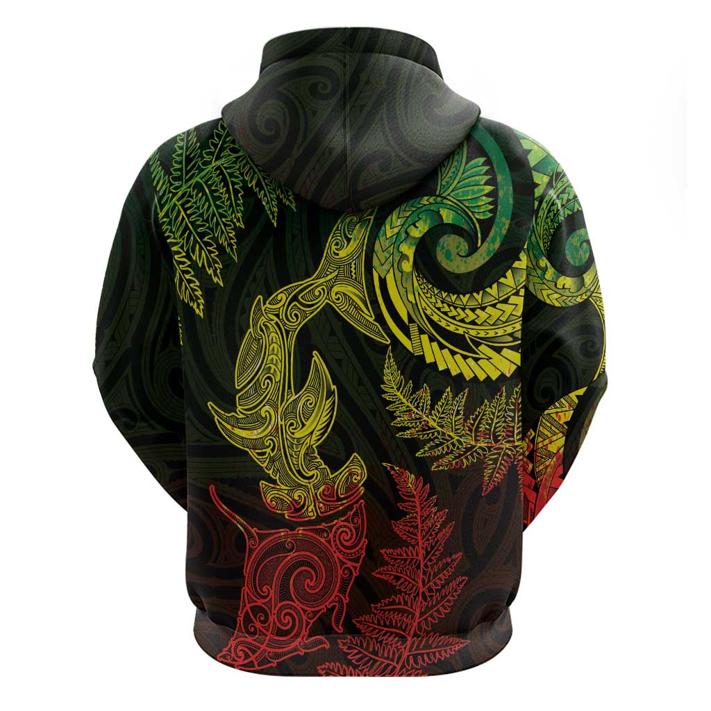 New Zealand Sea Animals with Maori Tribal Tattoo Zip Hoodie Shark Manta Ray with Silver Fern Reggae LT03 - Polynesian Pride