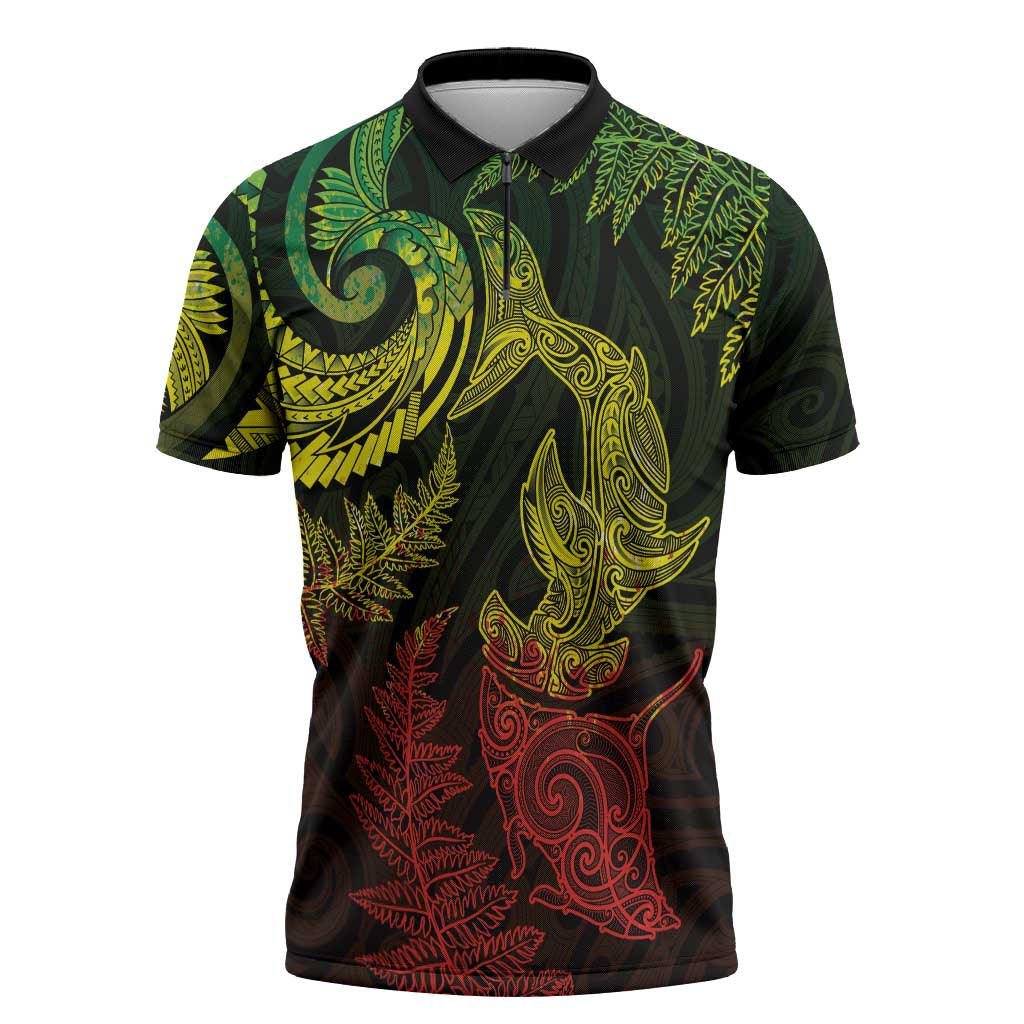 New Zealand Sea Animals with Maori Tribal Tattoo Zipper Polo Shirt Shark Manta Ray with Silver Fern Reggae