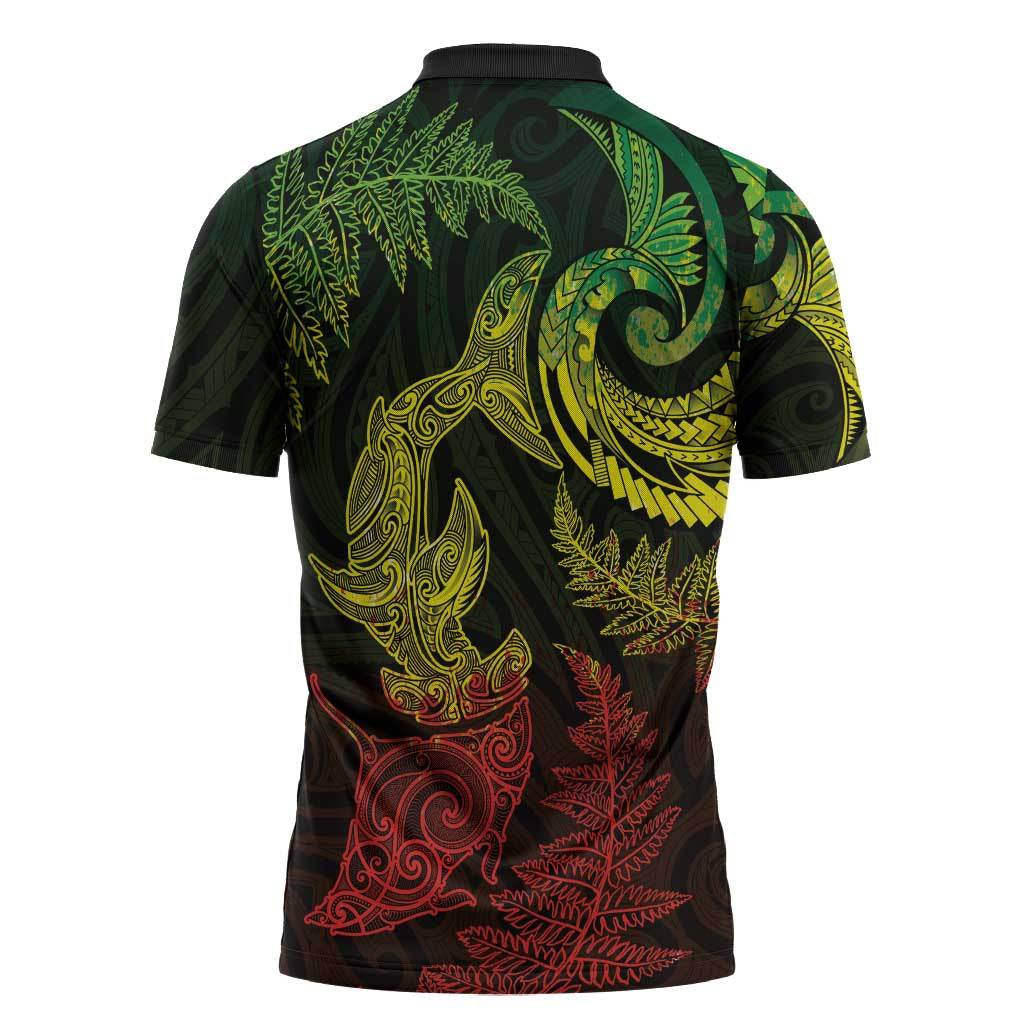New Zealand Sea Animals with Maori Tribal Tattoo Zipper Polo Shirt Shark Manta Ray with Silver Fern Reggae LT03 - Polynesian Pride