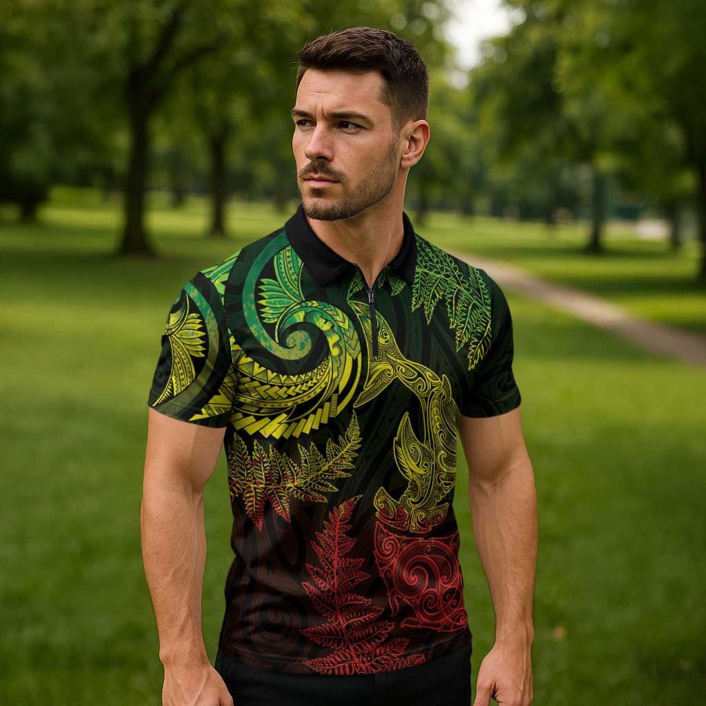 New Zealand Sea Animals with Maori Tribal Tattoo Zipper Polo Shirt Shark Manta Ray with Silver Fern Reggae LT03 - Polynesian Pride