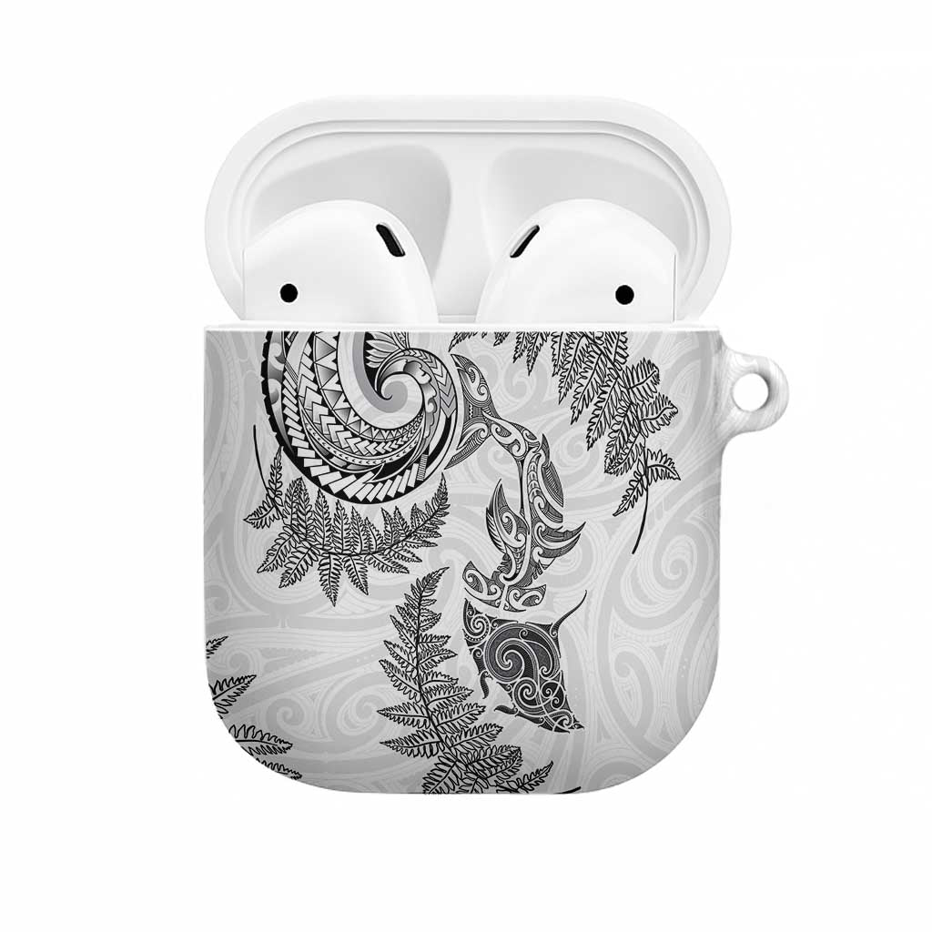 New Zealand Sea Animals with Maori Tribal Tattoo AirPods Case Shark Manta Ray with Silver Fern White LT03 White - Polynesian Pride