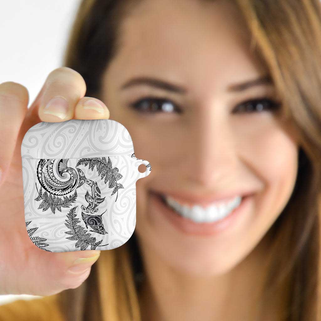 New Zealand Sea Animals with Maori Tribal Tattoo AirPods Case Shark Manta Ray with Silver Fern White LT03 - Polynesian Pride