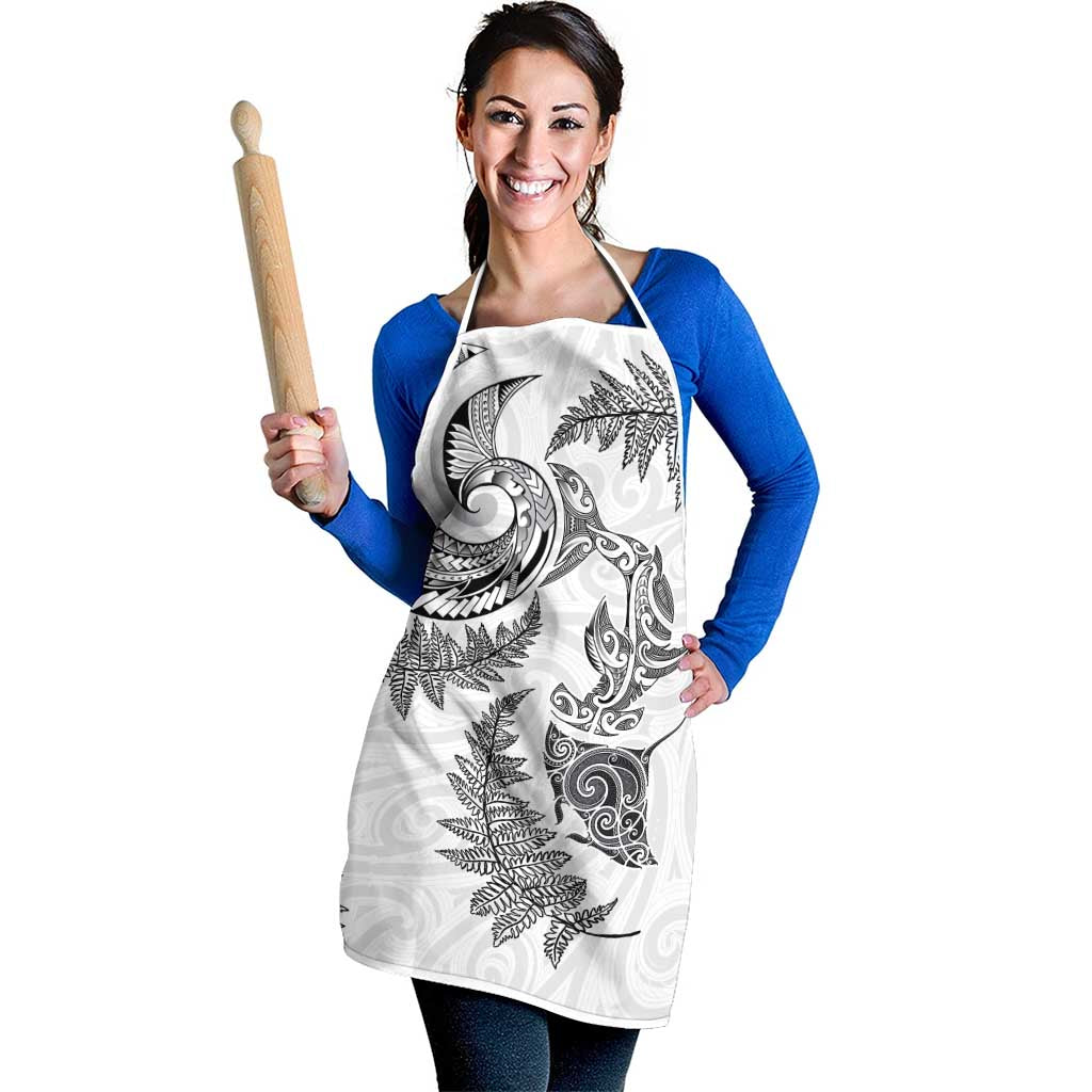 New Zealand Sea Animals with Maori Tribal Tattoo Apron Shark Manta Ray with Silver Fern White LT03 - Polynesian Pride