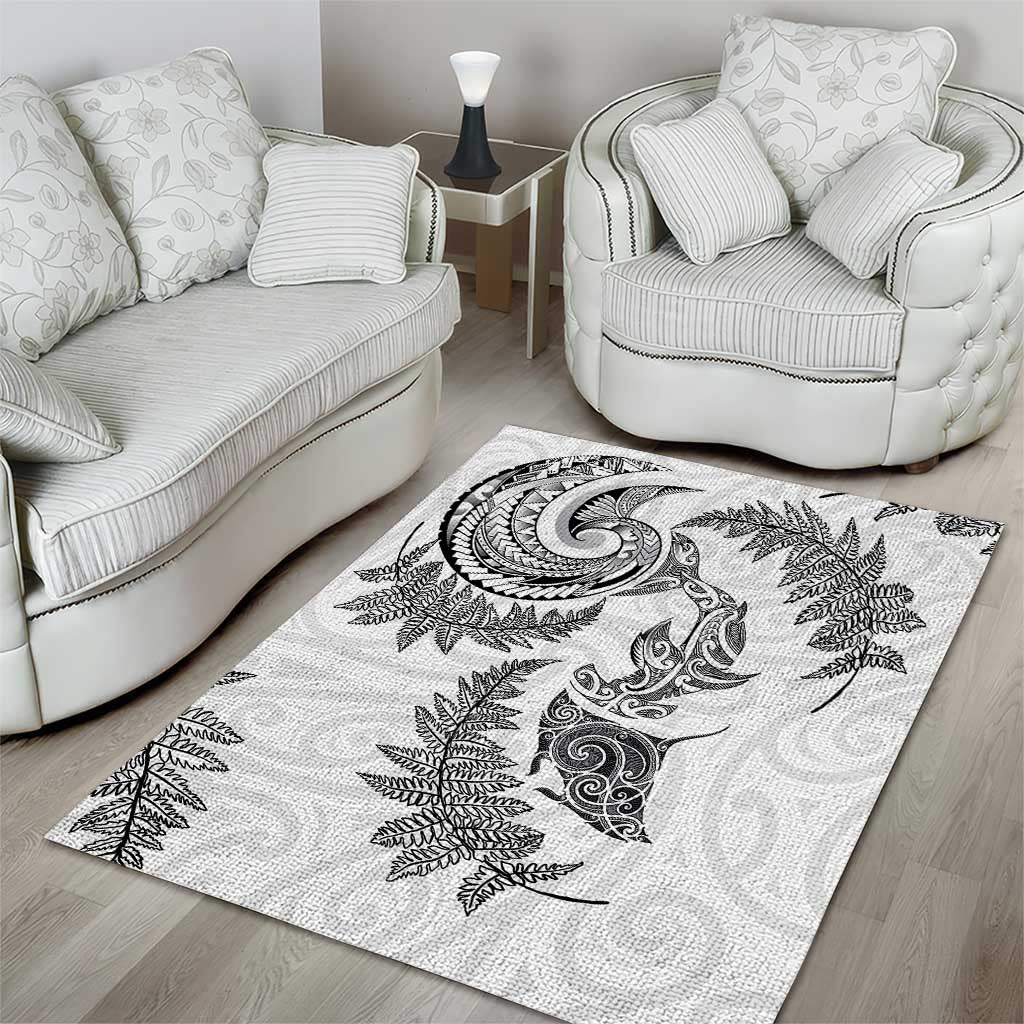 New Zealand Sea Animals with Maori Tribal Tattoo Area Rug Shark Manta Ray with Silver Fern White LT03 - Polynesian Pride