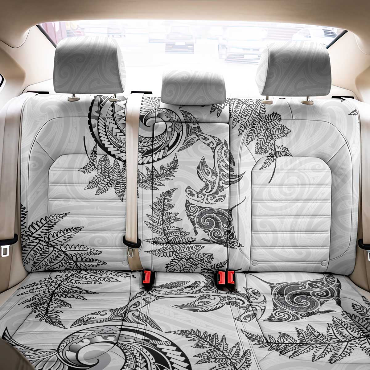 New Zealand Sea Animals with Maori Tribal Tattoo Back Car Seat Cover Shark Manta Ray with Silver Fern White LT03 - Polynesian Pride