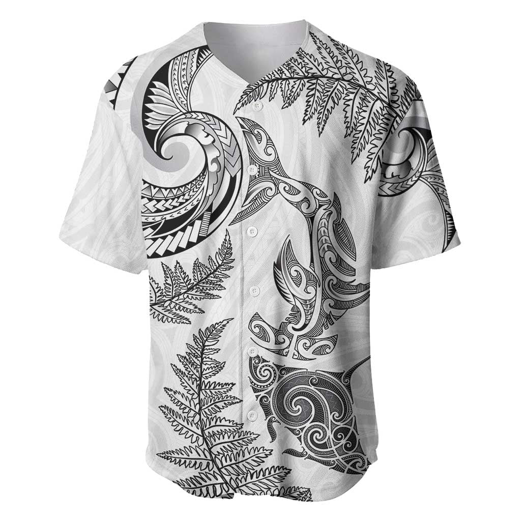 New Zealand Sea Animals with Maori Tribal Tattoo Baseball Jersey Shark Manta Ray with Silver Fern White LT03 White - Polynesian Pride