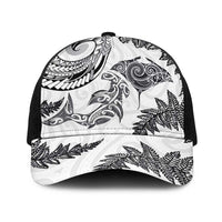 New Zealand Sea Animals with Maori Tribal Tattoo Baseball Net Cap Shark Manta Ray with Silver Fern White LT03 One Size Black White - Polynesian Pride