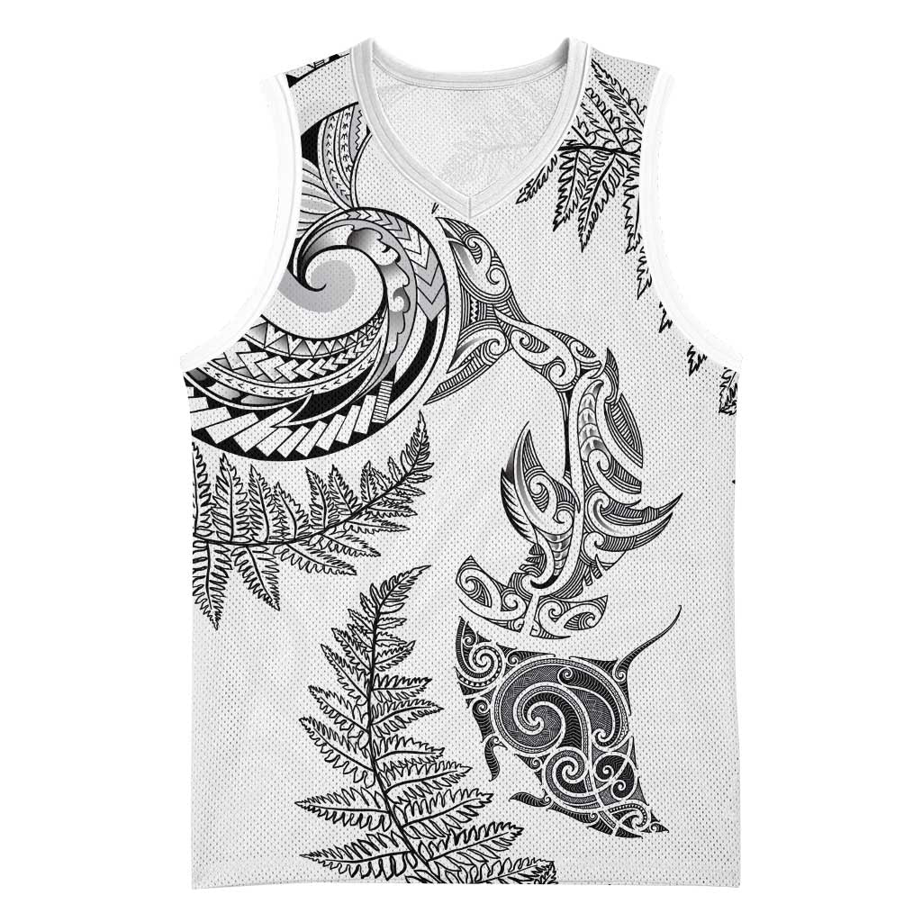 New Zealand Sea Animals with Maori Tribal Tattoo Basketball Jersey Shark Manta Ray with Silver Fern White LT03 Unisex White - Polynesian Pride