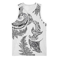 New Zealand Sea Animals with Maori Tribal Tattoo Basketball Jersey Shark Manta Ray with Silver Fern White LT03 Unisex White - Polynesian Pride