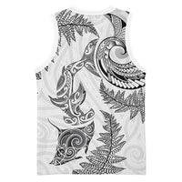 New Zealand Sea Animals with Maori Tribal Tattoo Basketball Jersey Shark Manta Ray with Silver Fern White LT03 - Polynesian Pride