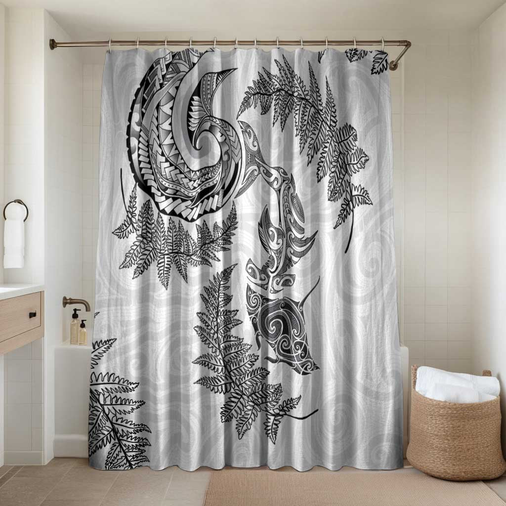 New Zealand Sea Animals with Maori Tribal Tattoo Bathroom Set Shark Manta Ray with Silver Fern White LT03 Shower Curtain Only White - Polynesian Pride