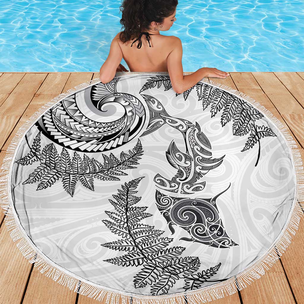 New Zealand Sea Animals with Maori Tribal Tattoo Beach Blanket Shark Manta Ray with Silver Fern White LT03 - Polynesian Pride