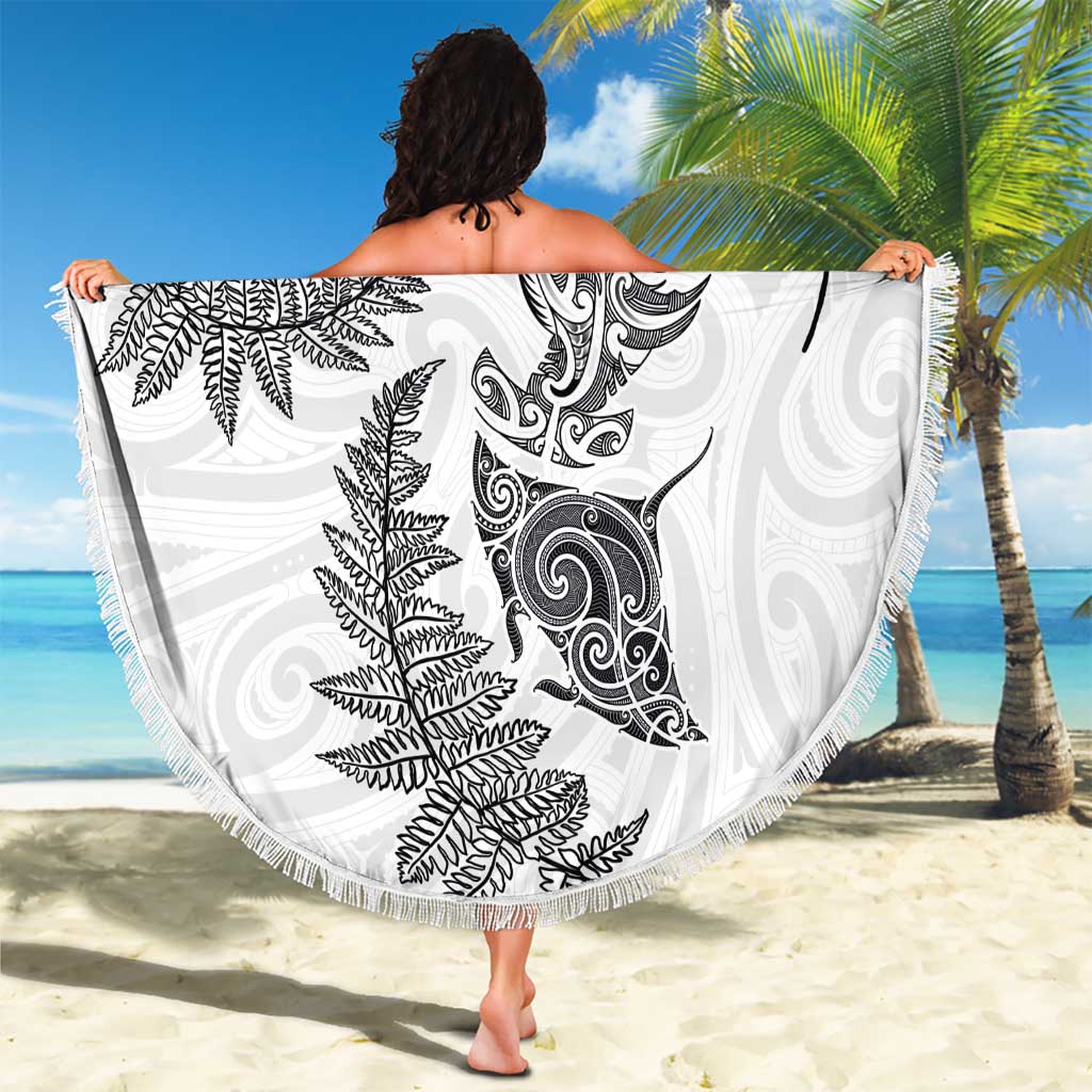 New Zealand Sea Animals with Maori Tribal Tattoo Beach Blanket Shark Manta Ray with Silver Fern White LT03 - Polynesian Pride
