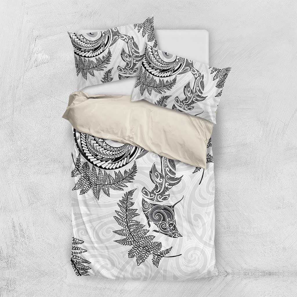 New Zealand Sea Animals with Maori Tribal Tattoo Bedding Set Shark Manta Ray with Silver Fern White LT03 US Twin 172cm x 218cm White - Polynesian Pride