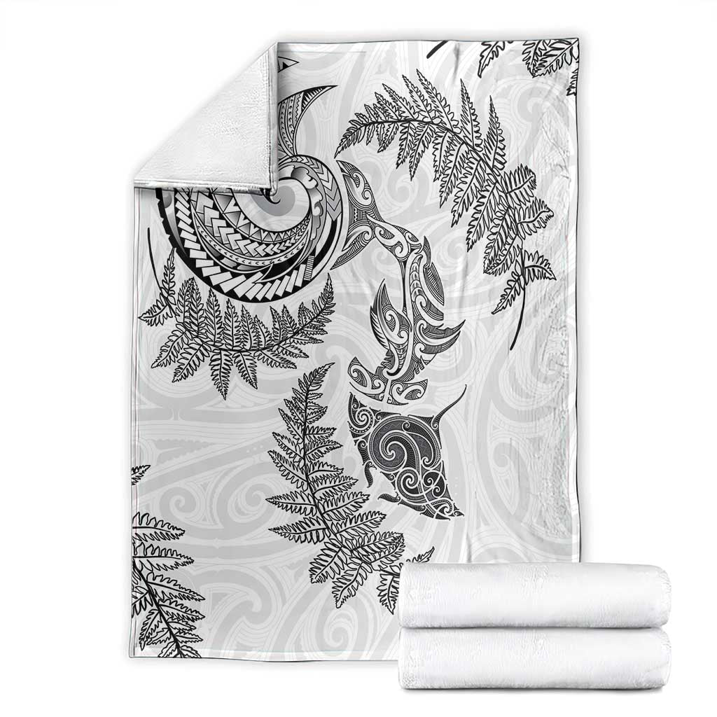 New Zealand Sea Animals with Maori Tribal Tattoo Blanket Shark Manta Ray with Silver Fern White LT03 - Polynesian Pride