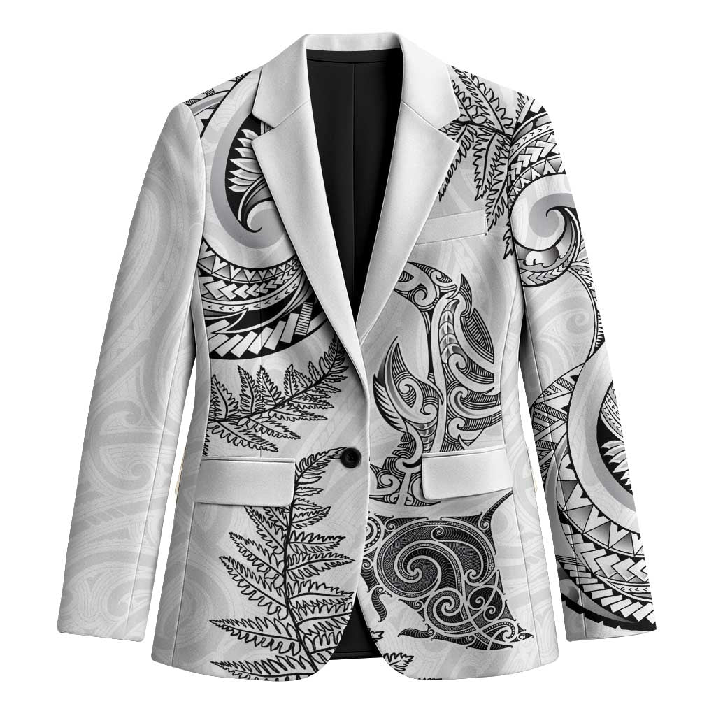 New Zealand Sea Animals with Maori Tribal Tattoo Blazer Shark Manta Ray with Silver Fern White LT03 Unisex White - Polynesian Pride