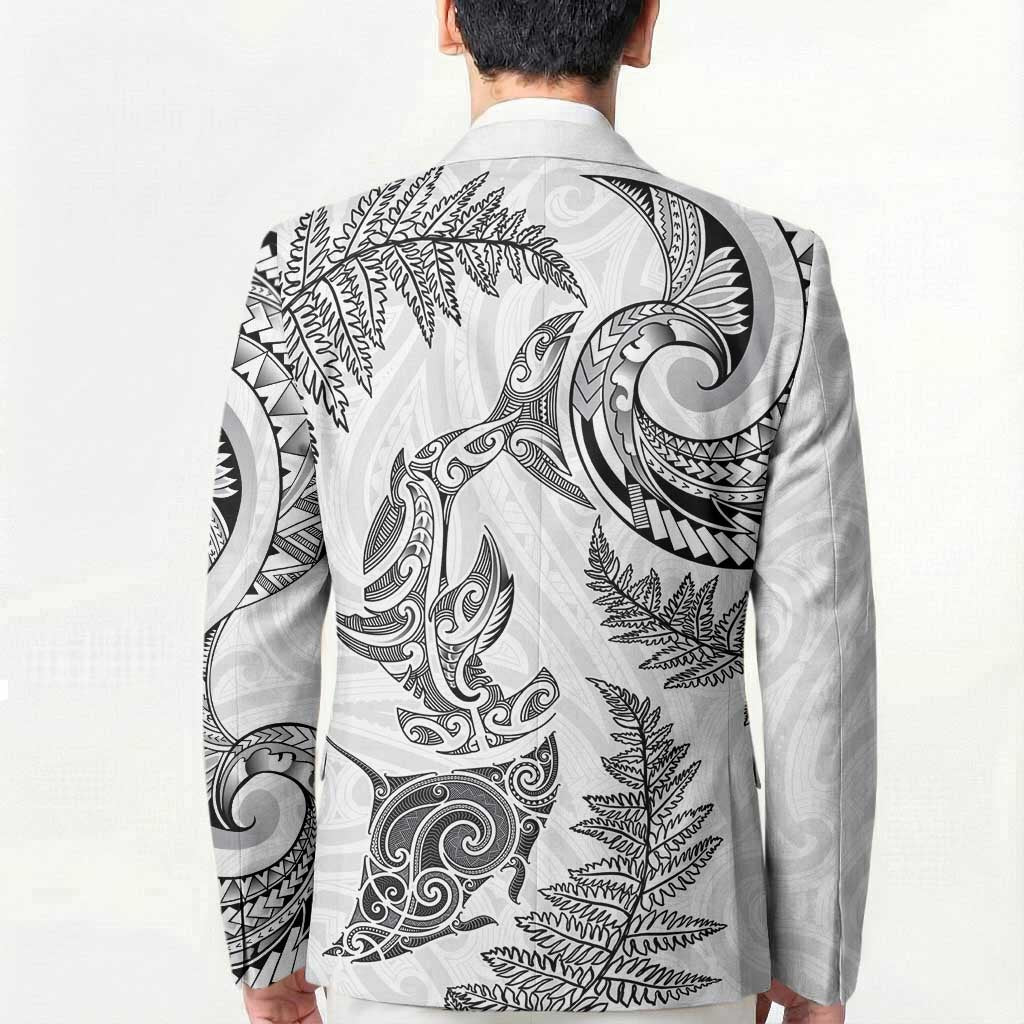 New Zealand Sea Animals with Maori Tribal Tattoo Blazer Shark Manta Ray with Silver Fern White LT03 - Polynesian Pride