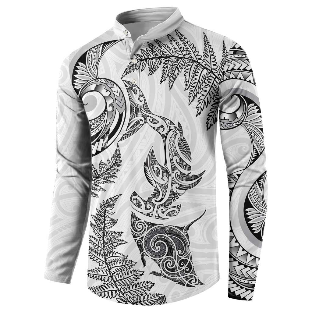 New Zealand Sea Animals with Maori Tribal Tattoo Button Sweatshirt Shark Manta Ray with Silver Fern White