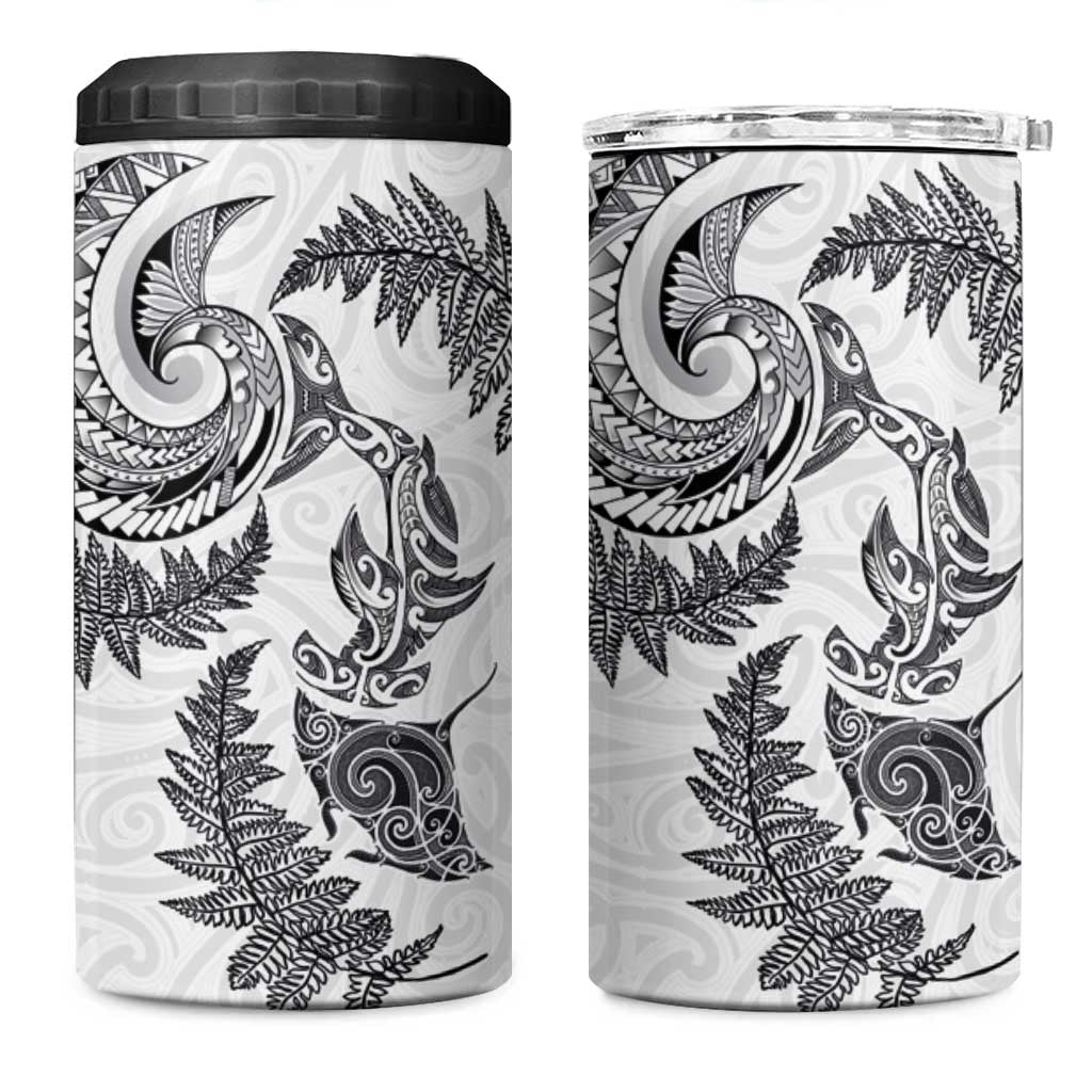 New Zealand Sea Animals with Maori Tribal Tattoo 4 in 1 Can Cooler Tumbler Shark Manta Ray with Silver Fern White LT03 One Size: 16 oz White - Polynesian Pride