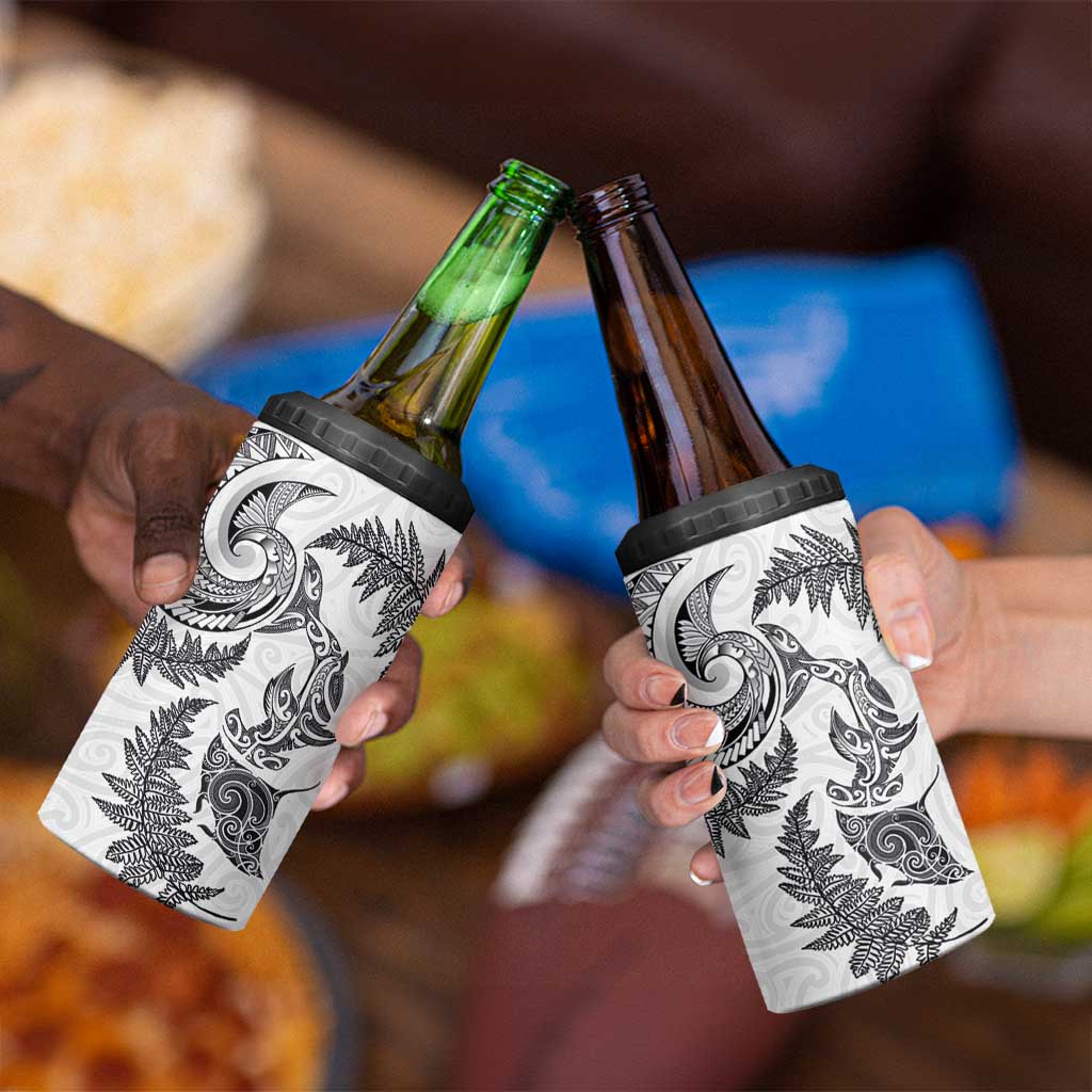 New Zealand Sea Animals with Maori Tribal Tattoo 4 in 1 Can Cooler Tumbler Shark Manta Ray with Silver Fern White LT03 - Polynesian Pride