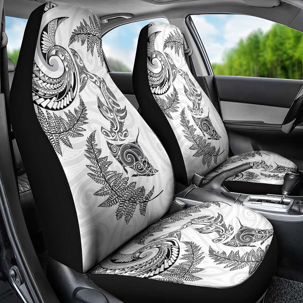 New Zealand Sea Animals with Maori Tribal Tattoo Car Seat Cover Shark Manta Ray with Silver Fern White LT03 - Polynesian Pride