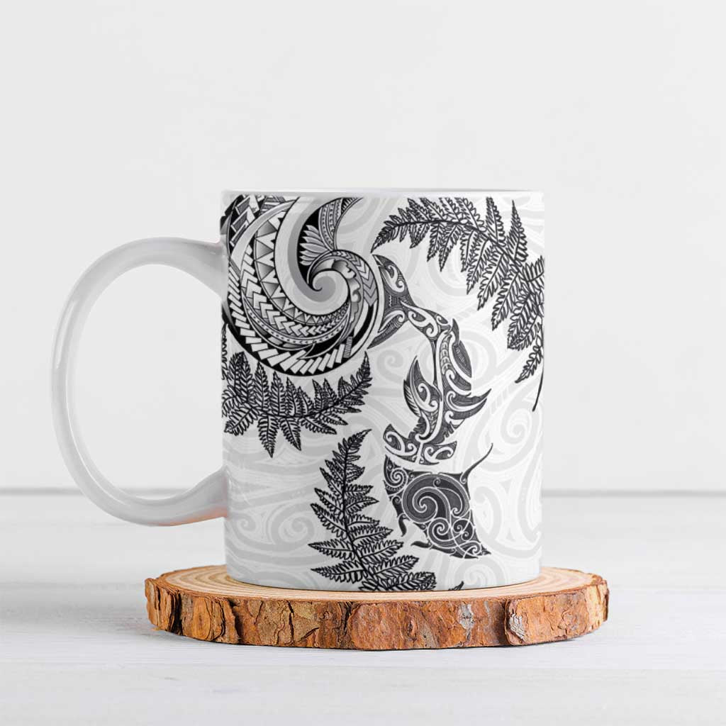New Zealand Sea Animals with Maori Tribal Tattoo Ceramic Mug Shark Manta Ray with Silver Fern White